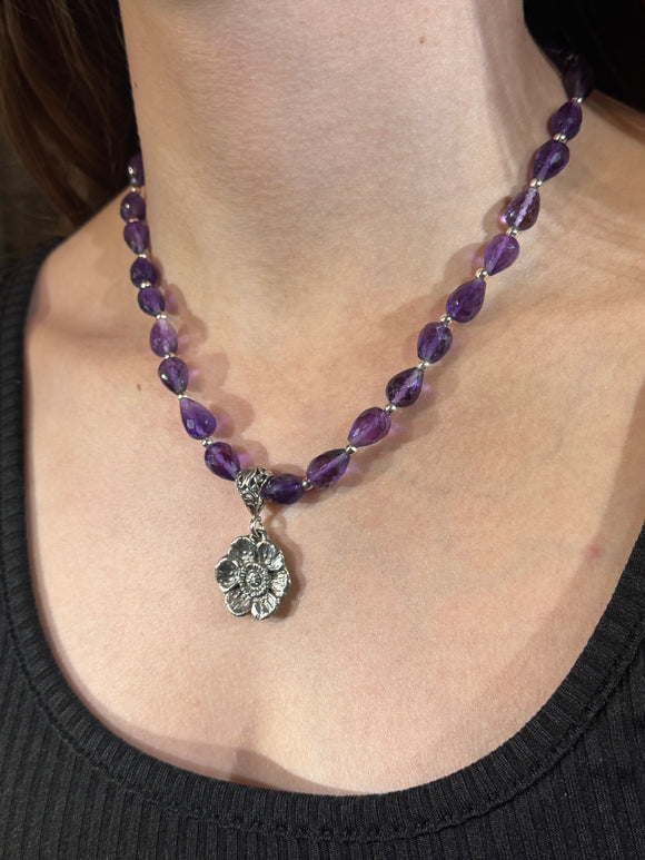 Amethyst Necklace with Sterling Silver Flower Pendant and Clasp – 17