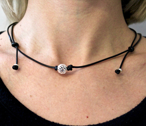 Casual Sterling Silver Filigree Ball on Leather Necklace