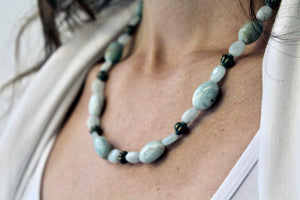 21" Faceted Oval & Puffed Oval Amazonite necklace with brass patina accents &