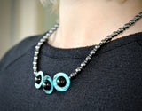 19" Hematite, Onyx, and Shell Necklace