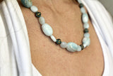 21" Faceted Oval & Puffed Oval Amazonite necklace with brass patina accents &