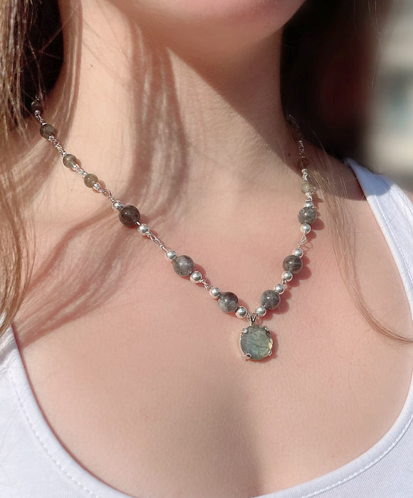 Labradorite & Silver Bead Necklace